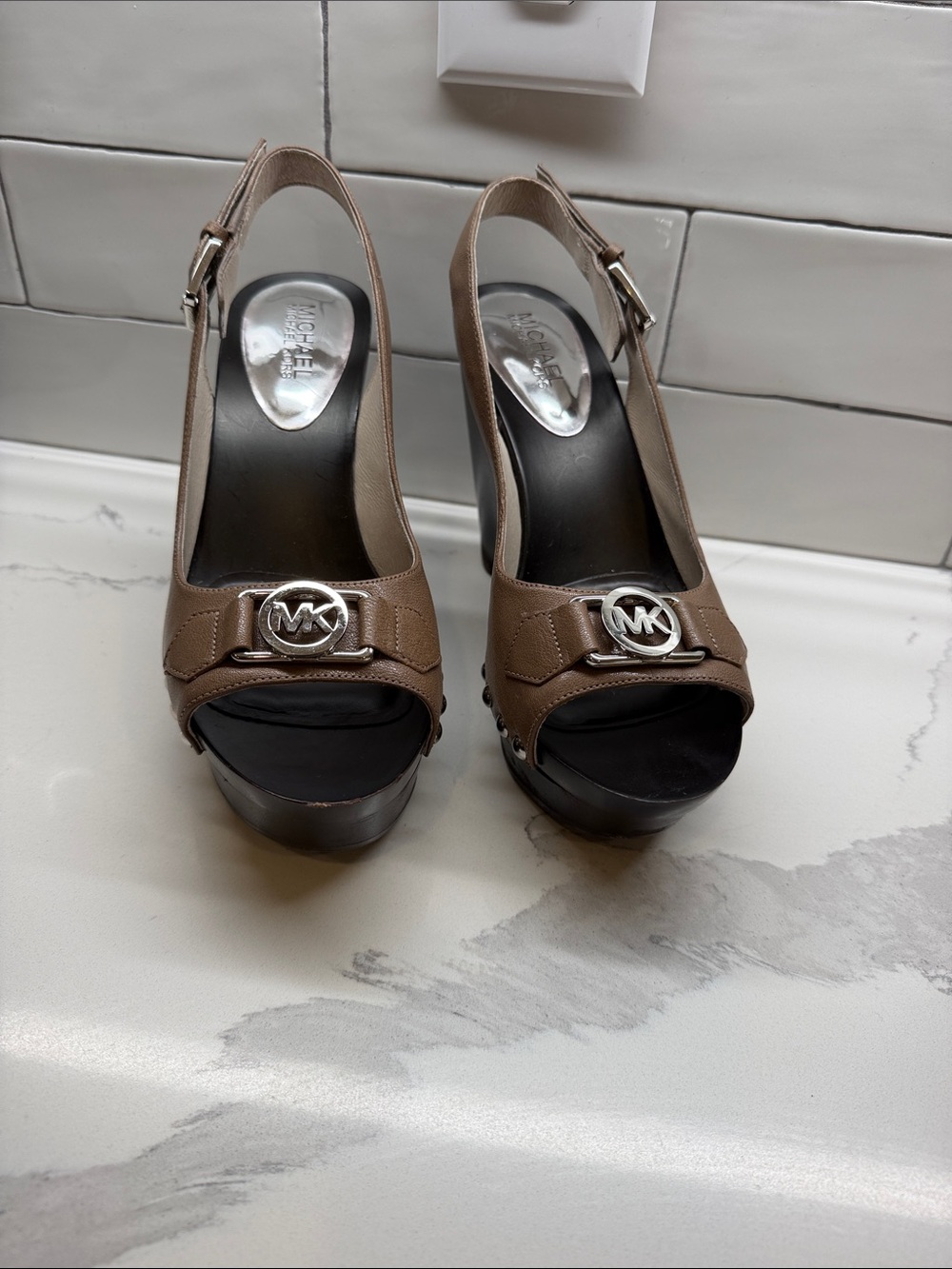 Michael Kors Taupe Open-Toe Slingback Platform Heels with MK Accent